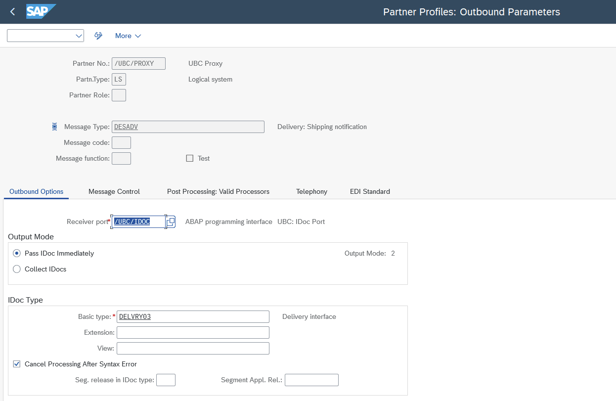 Partner profile, linking delivery IDOC to UBC